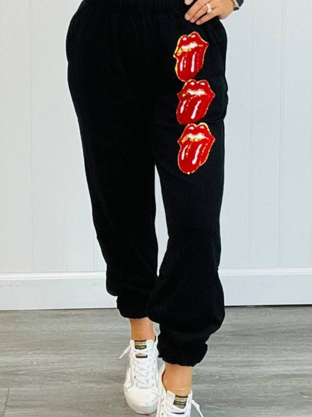 Fantastic Fawn Licensed Black "Rolling Stones" Graphic Sequin Patch Jogger Pants